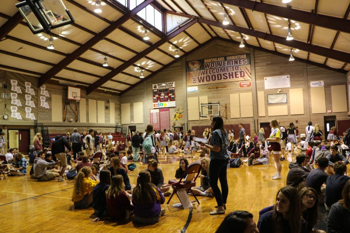 Advisory teams gather in the Wood Shed on Sept. 8, 2017 for Advisory Olympics.