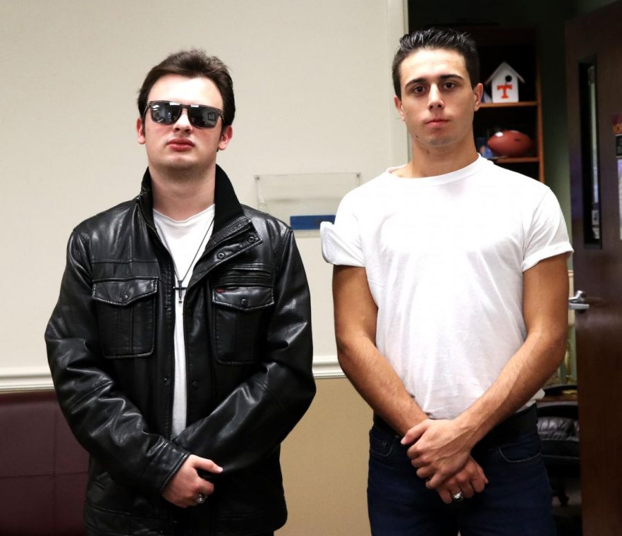 Seniors Tyler Mussachia and Gage Dufrene dress up as Greasers for Way Back Wednesday,