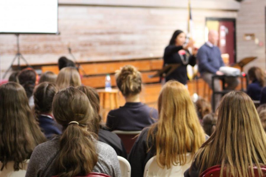 Students hear from Principal Jenni Vega and Junior Bible teacher Jeff Ehrhardt on the topic of relationships during a recent chapel.